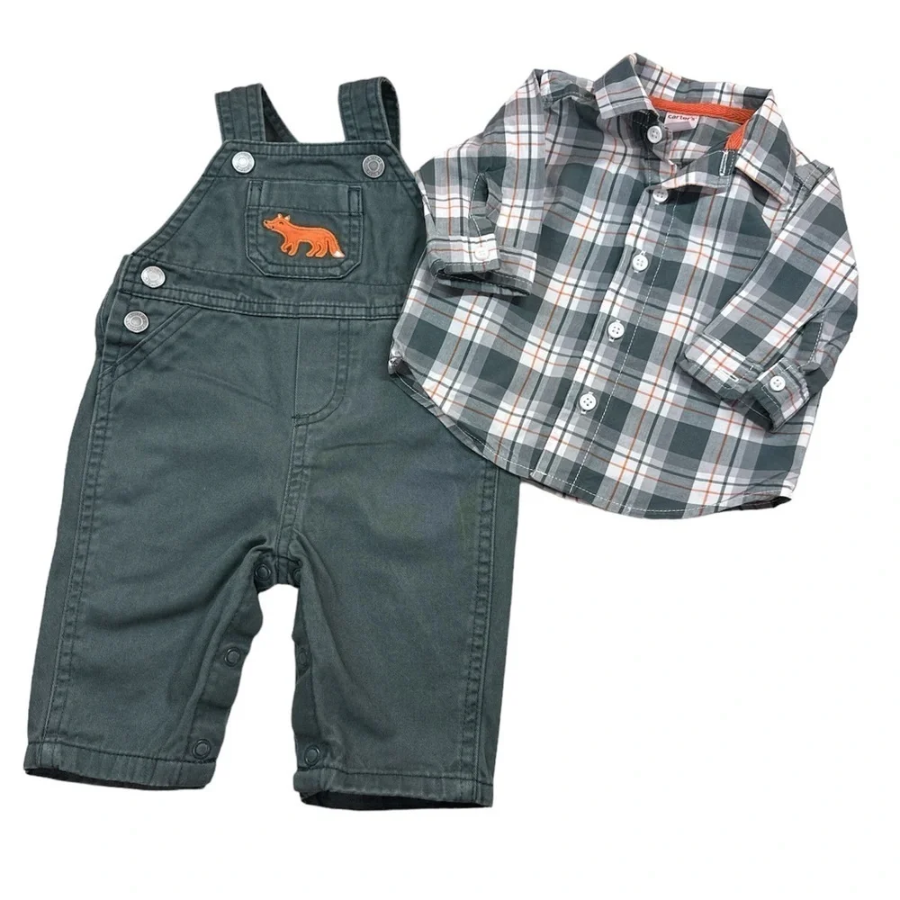 Carter’s Infant Boys 2 Piece Plaid Button-down Shirt & Green Overall Set 3 M